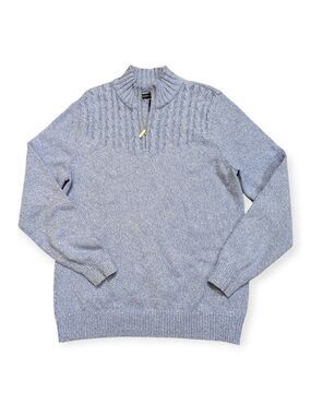 Karen Scott Sweater Large Blue White Cable Knit Quarter Zip